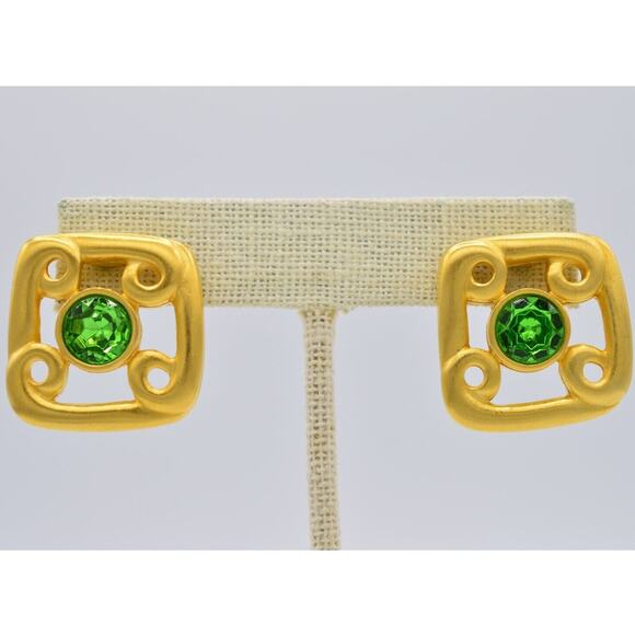 Givenchy Vintage Clip On Earrings Brushed Gold Green Crystal Signed 1980s Bin8 - Picture 1 of 11